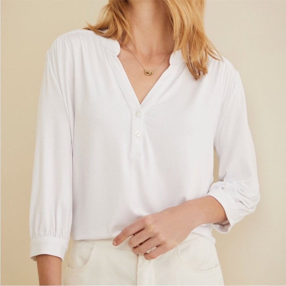 Amour Vert Henley Button V Neck 3/4 Sleeve Blouse Top Shirt L